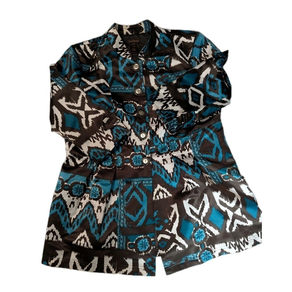 Multiples Women's Teal Blue Ikat Print Jacket Size L Silky Satin Button Front